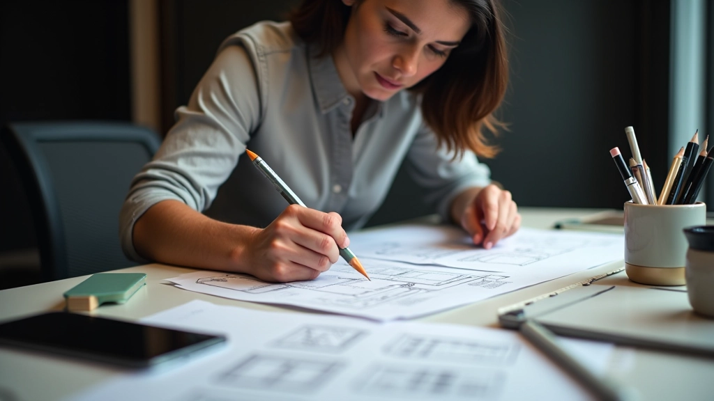 Designer working at desk with wireframe sketches and user research notes, creating low-fidelity layouts