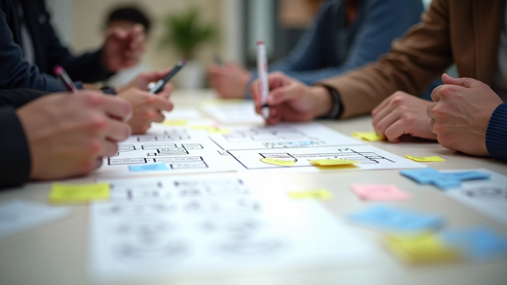 Designer working on user journey mapping and wireframe sketches during workshop