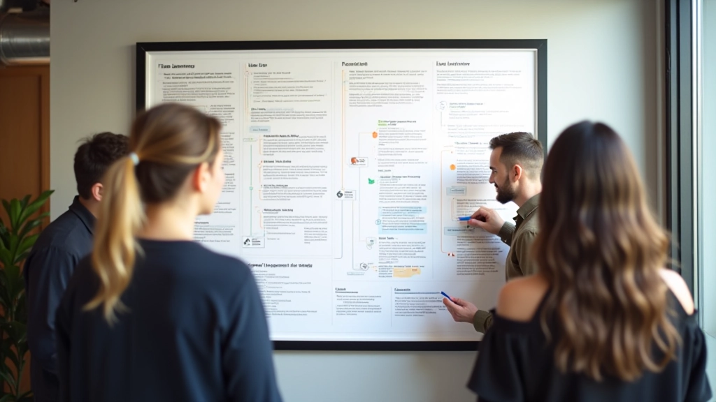 User journey map diagram printed and displayed on wall with colored markers and annotations